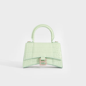 BALENCIAGA XS Hourglass Top Handle Bag in Light Green Embossed Croc