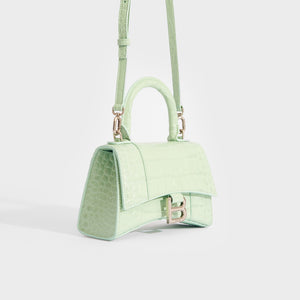 BALENCIAGA XS Hourglass Top Handle Bag in Light Green Embossed Croc
