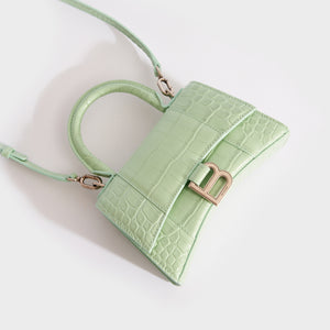 BALENCIAGA XS Hourglass Top Handle Bag in Light Green Embossed Croc