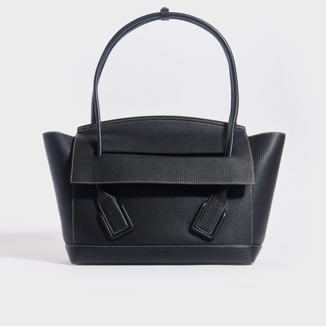 Front view of the BOTTEGA VENETA Arco Large Grained Leather Tote in Black with Silver Hardware