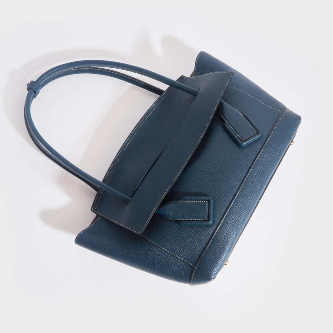 Top down view of the BOTTEGA VENETA Arco Large Leather Tote Bag in Deep Blue