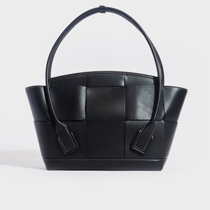 Back of the BOTTEGA VENETA Arco Large Intreccio Leather Tote Bag in Black