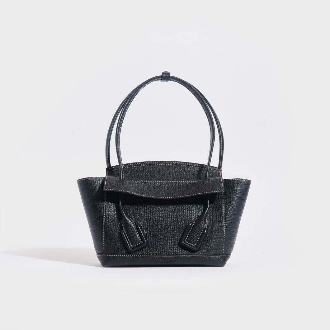 Front view of the BOTTEGA VENETA Arco Small Leather Tote Bag in Black