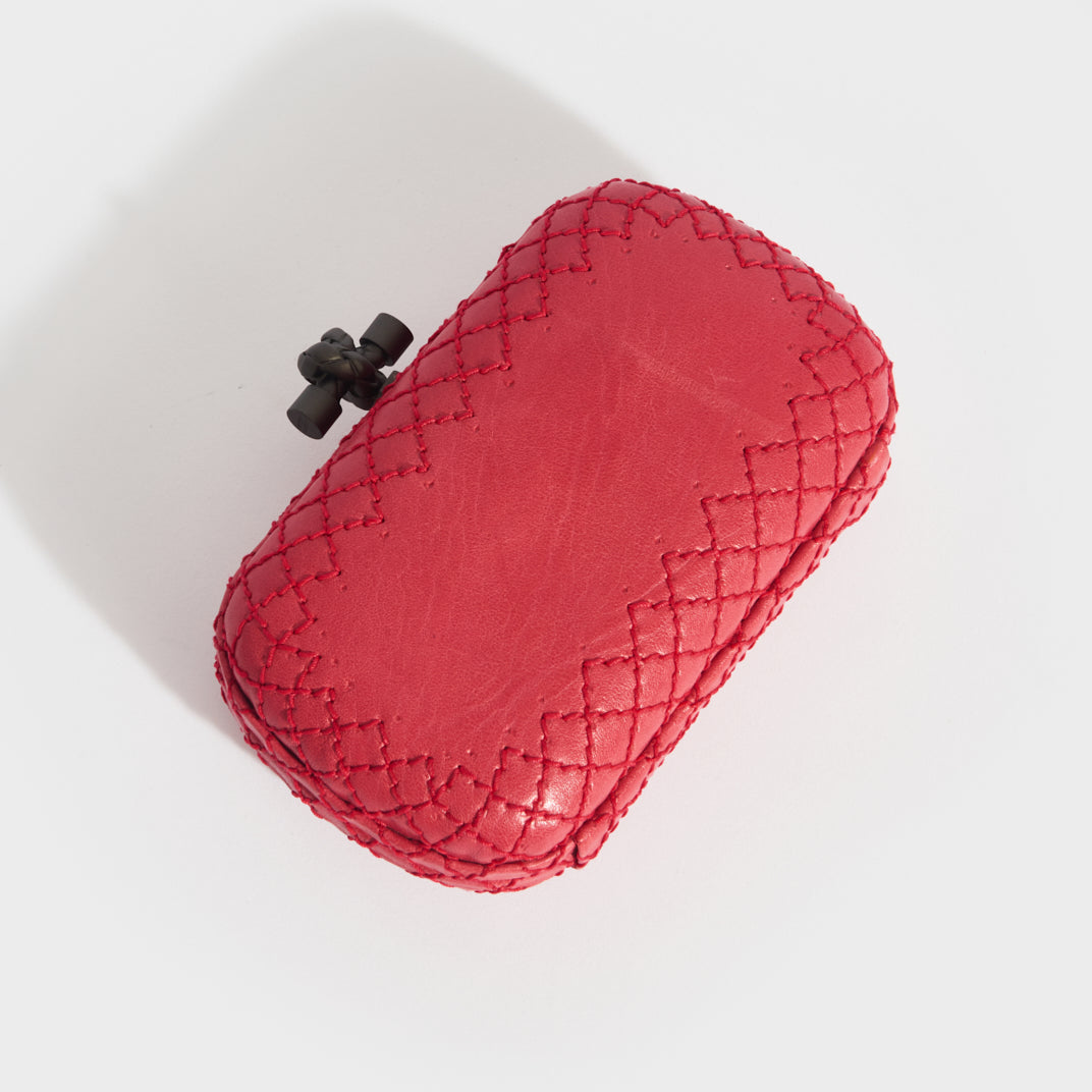 Diamond Stitch Leather Knot Clutch in Red