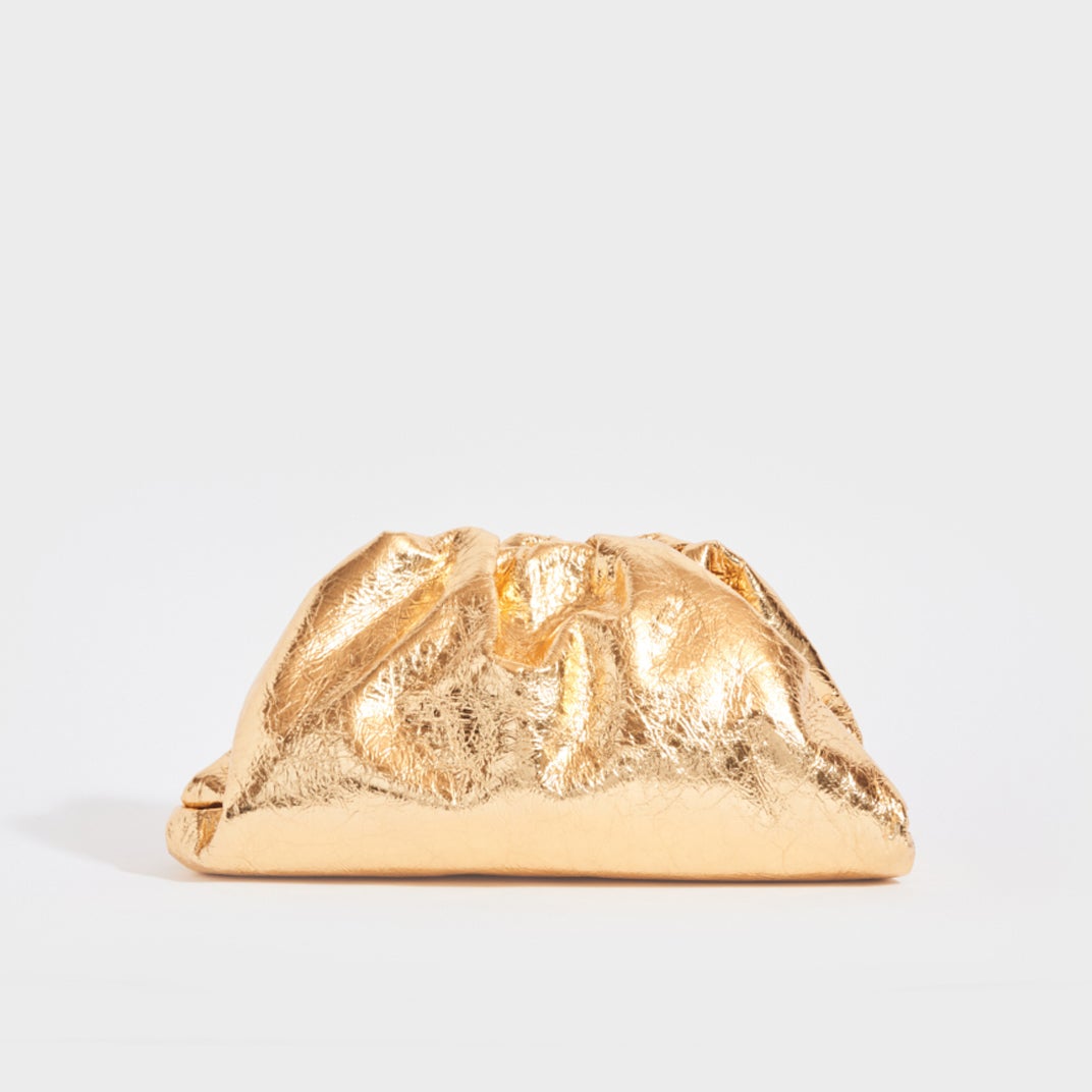 BOTTEGA VENETA Pre-Loved The Pouch Wrinkled Leather Clutch in Gold