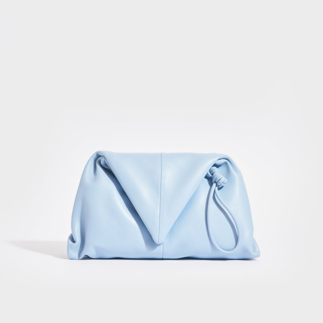Front view of the BOTTEGA VENETA The Trine Leather Clutch in Ice