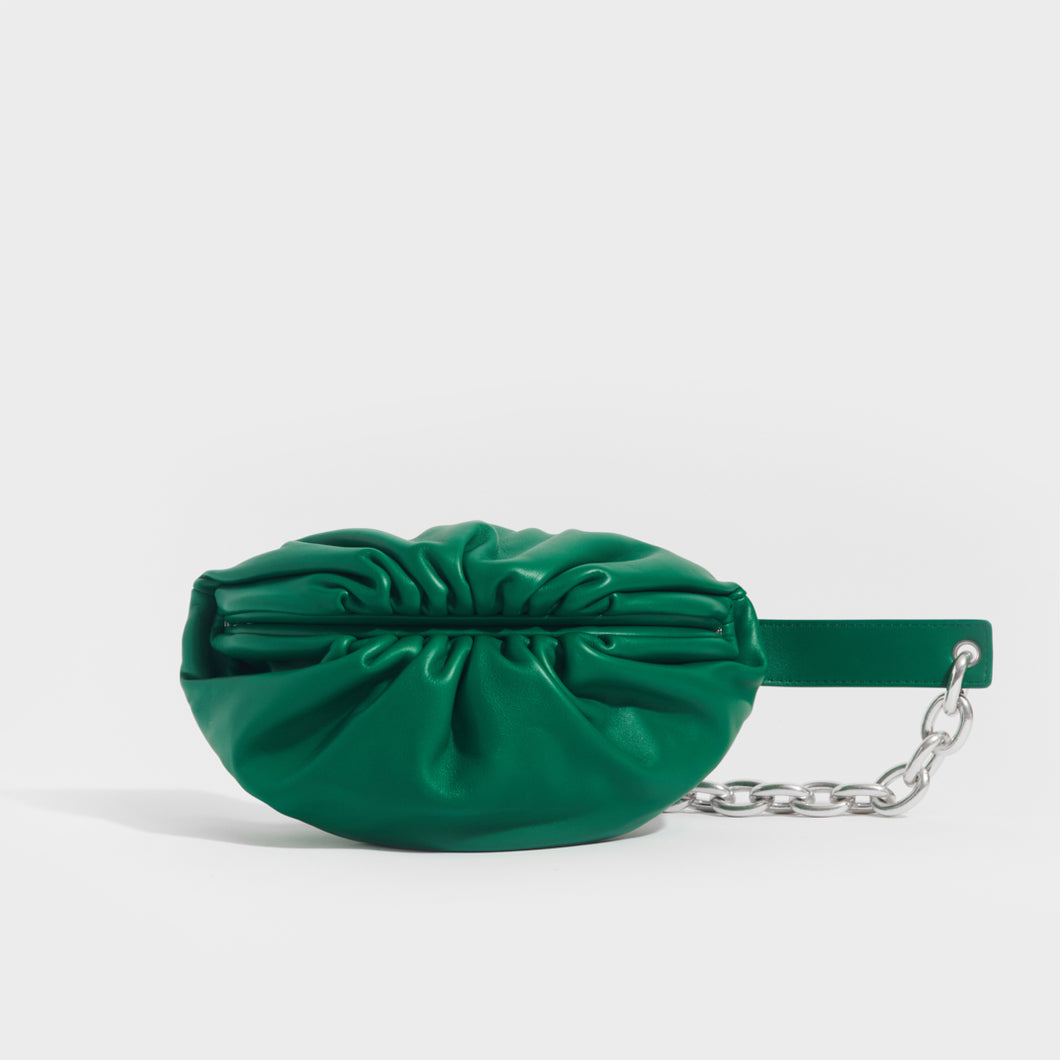 Front view of the BOTTEGA VENETA Belt Chain Pouch in Green Leather