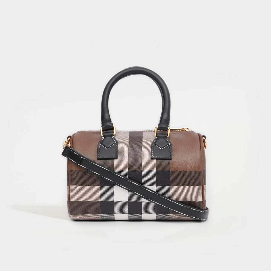 Check and Leather Mini Bowling Bag in Dark Birch Brown