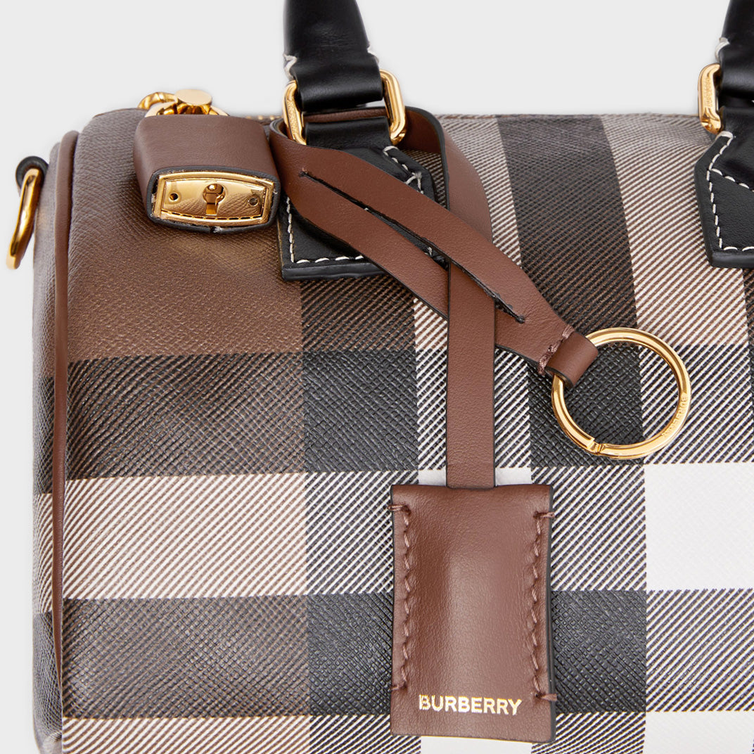 Check and Leather Mini Bowling Bag in Dark Birch Brown