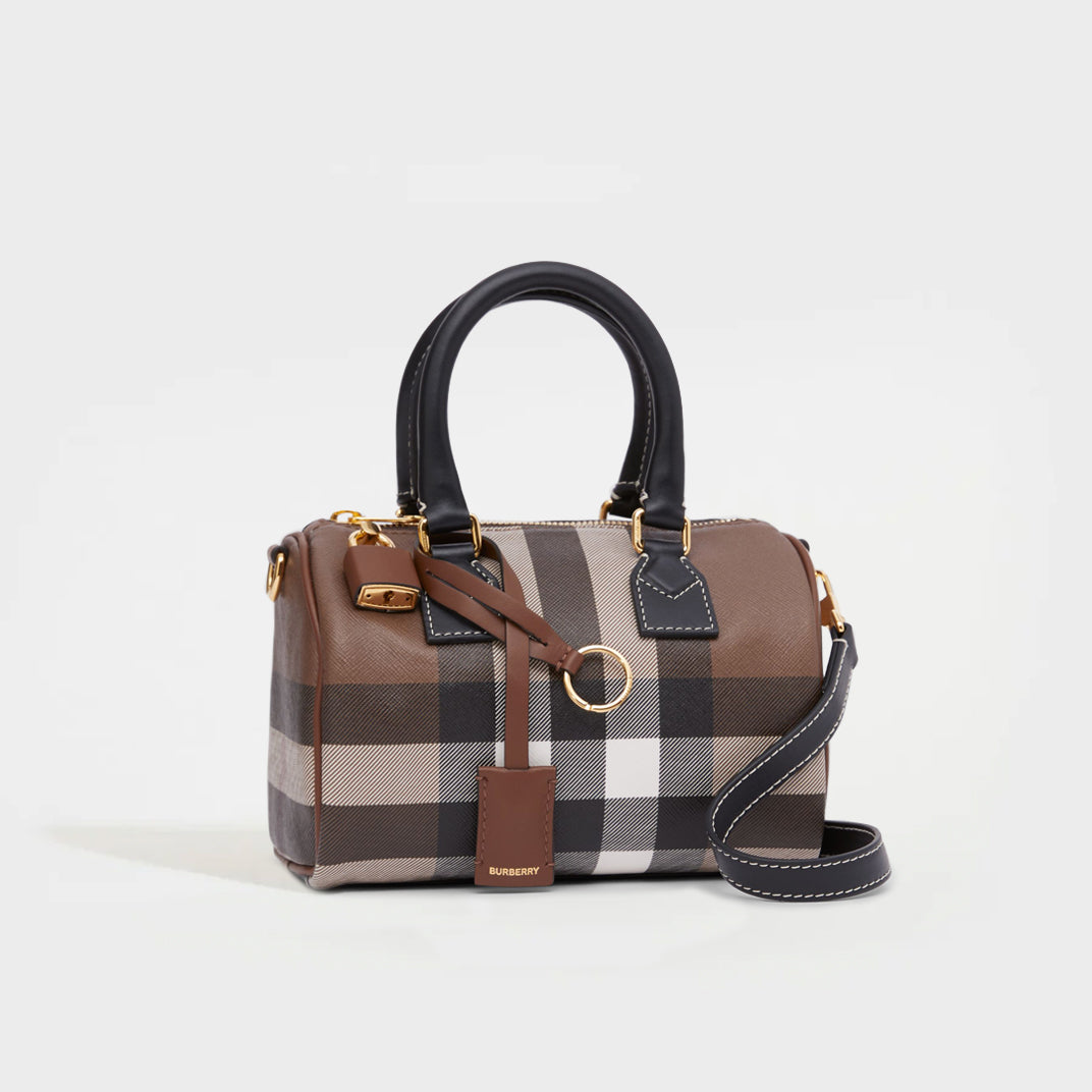 Side view of the BURBERRY Check and Leather Mini Bowling Bag in Dark Birch Brown