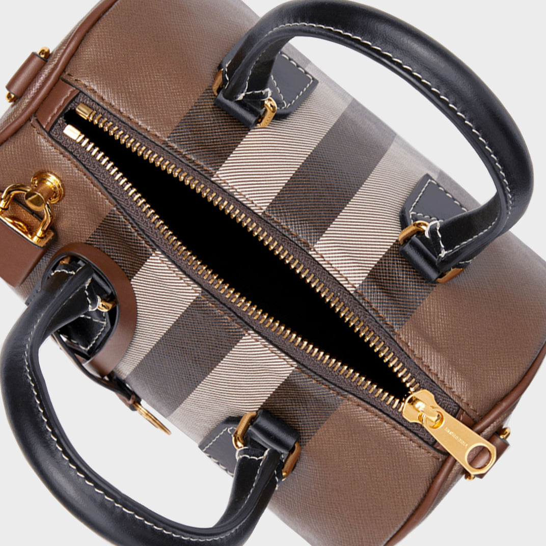 Check and Leather Mini Bowling Bag in Dark Birch Brown