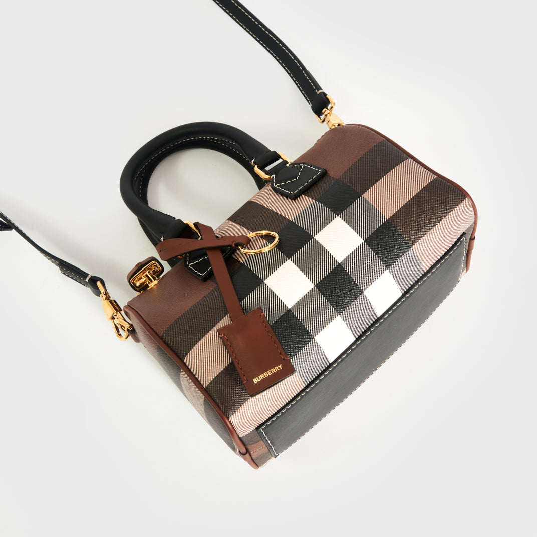Check and Leather Mini Bowling Bag in Dark Birch Brown