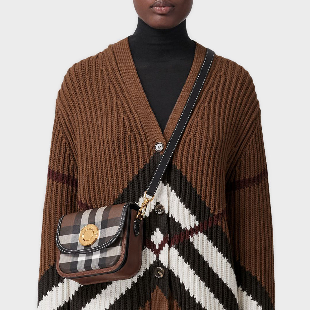 Check and Leather Small Elizabeth Bag in Dark Birch Brown