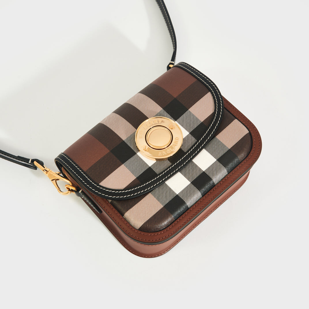 Check and Leather Small Elizabeth Bag in Dark Birch Brown