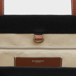 BURBERRY Medium Canvas and Leather Two Tone Freya Tote in Black and Tan