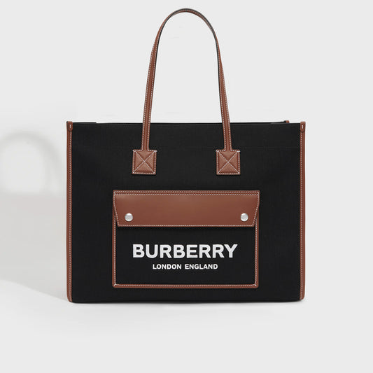 Medium Canvas and Leather Two Tone Freya Tote in Black and Tan