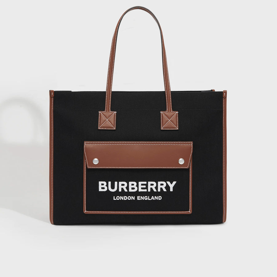 Medium Canvas and Leather Two Tone Freya Tote in Black and Tan