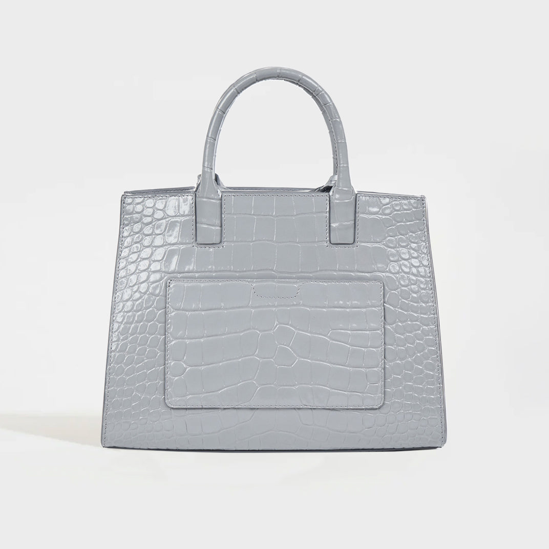 Rear view of the BURBERRY Mini Frances Bag in Cloud Grey Embossed Leather