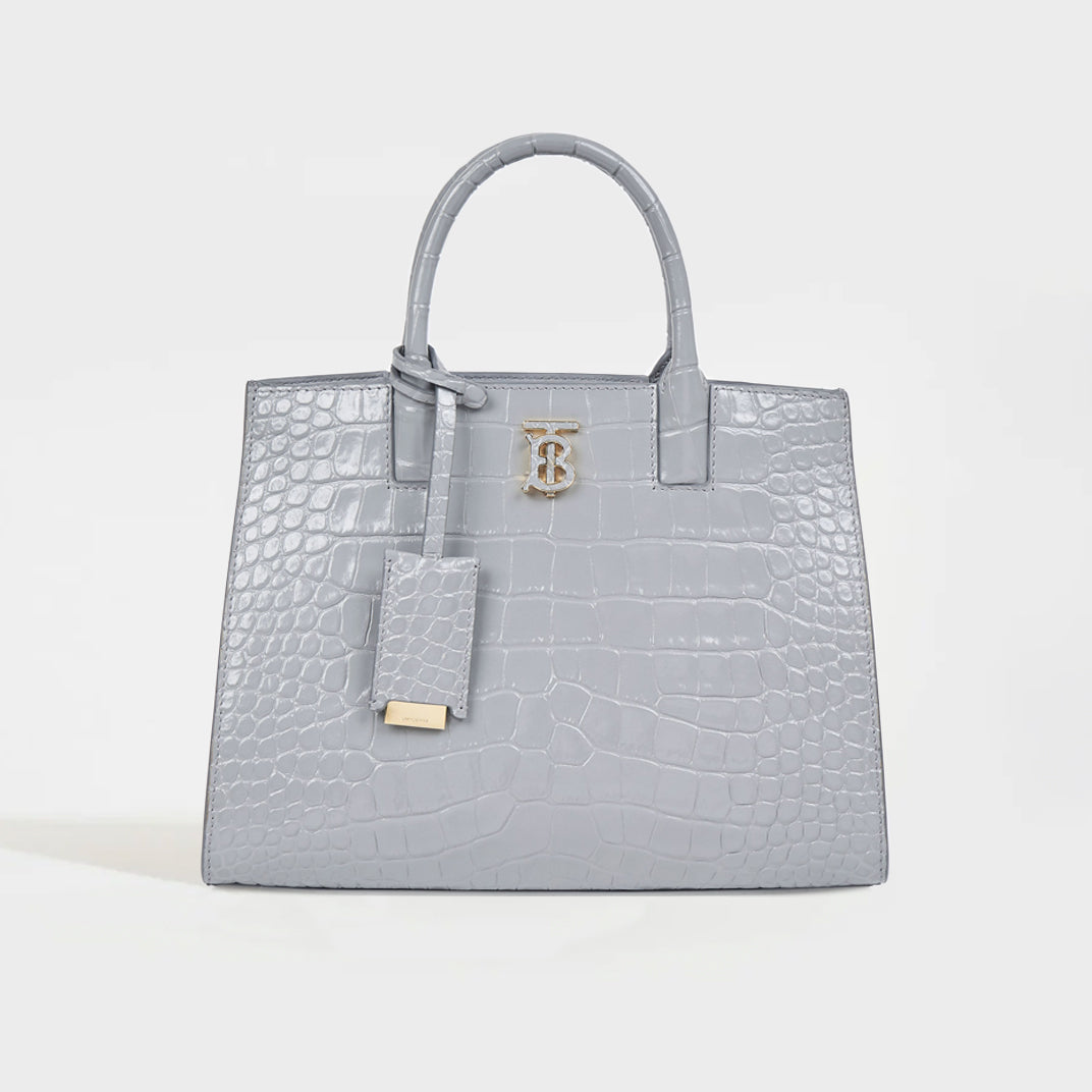 Front view of the BURBERRY Mini Frances Bag in Cloud Grey Embossed Leather