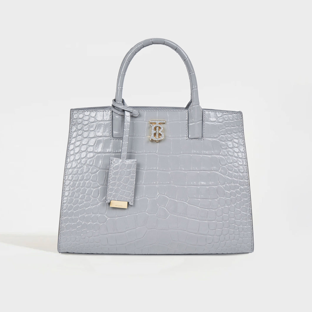 Front view of the BURBERRY Mini Frances Bag in Cloud Grey Embossed Leather
