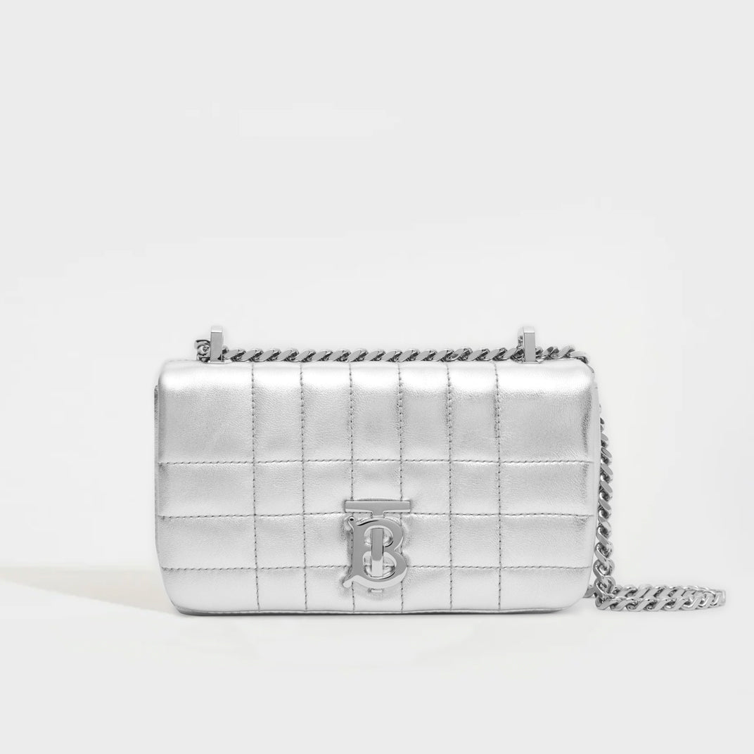 Front view of the BURBERRY Mini Quilted Leather Lola Bag in Metallic Silver