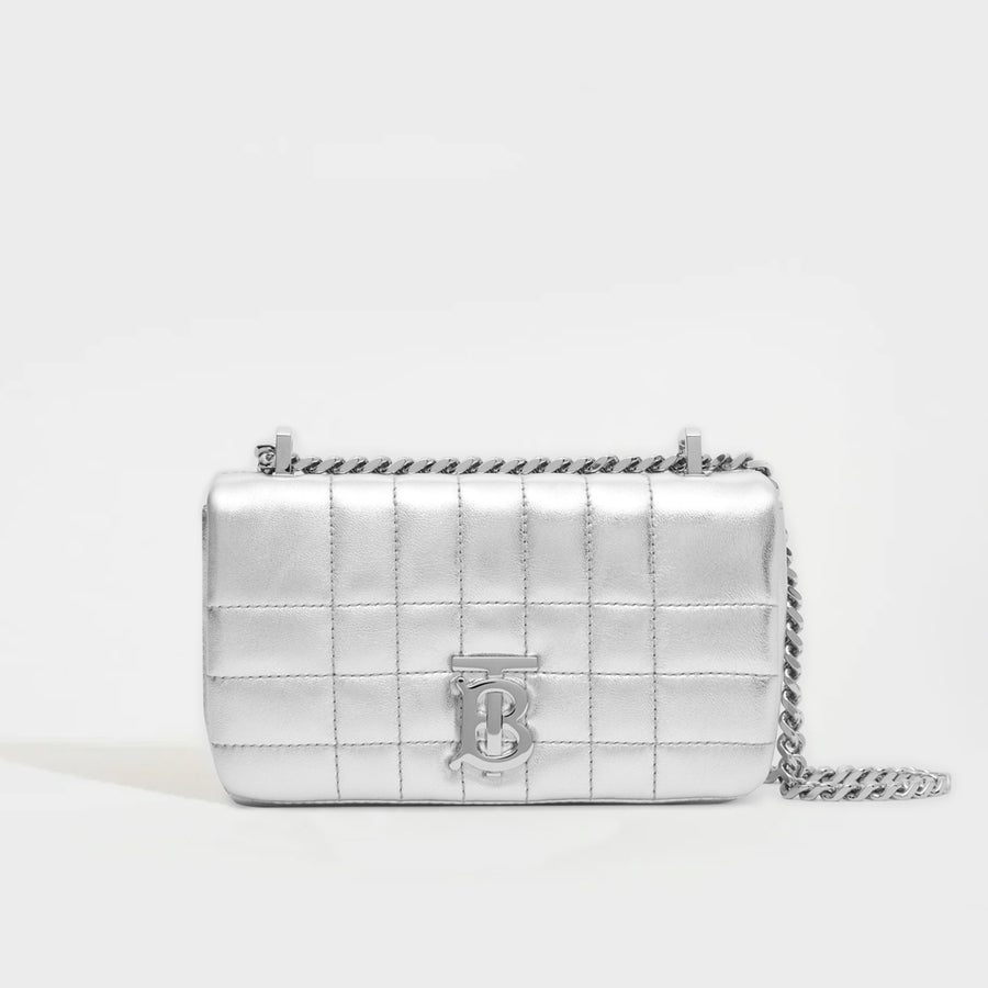 Front view of the BURBERRY Mini Quilted Leather Lola Bag in Metallic Silver