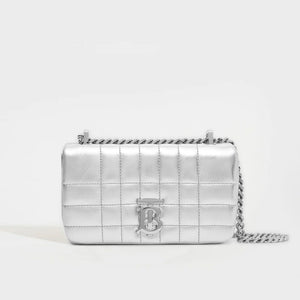 Front view of the BURBERRY Mini Quilted Leather Lola Bag in Metallic Silver