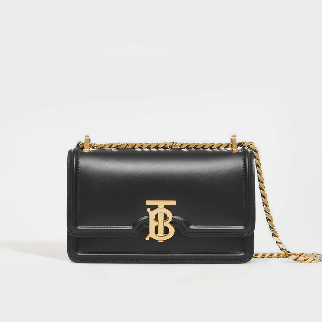 Front of the BURBERRY Mini Leather TB Bag in Black