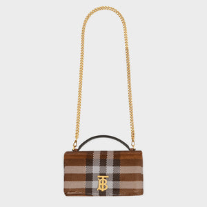 BURBERRY Small Sequin Check Lola Bag in Dark Birch Brown