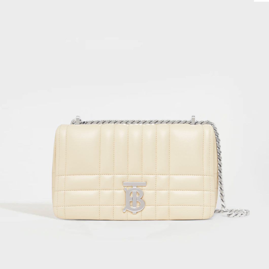 Front view of the BURBERRY Small Quilted Lola Bag in Pale Vanilla