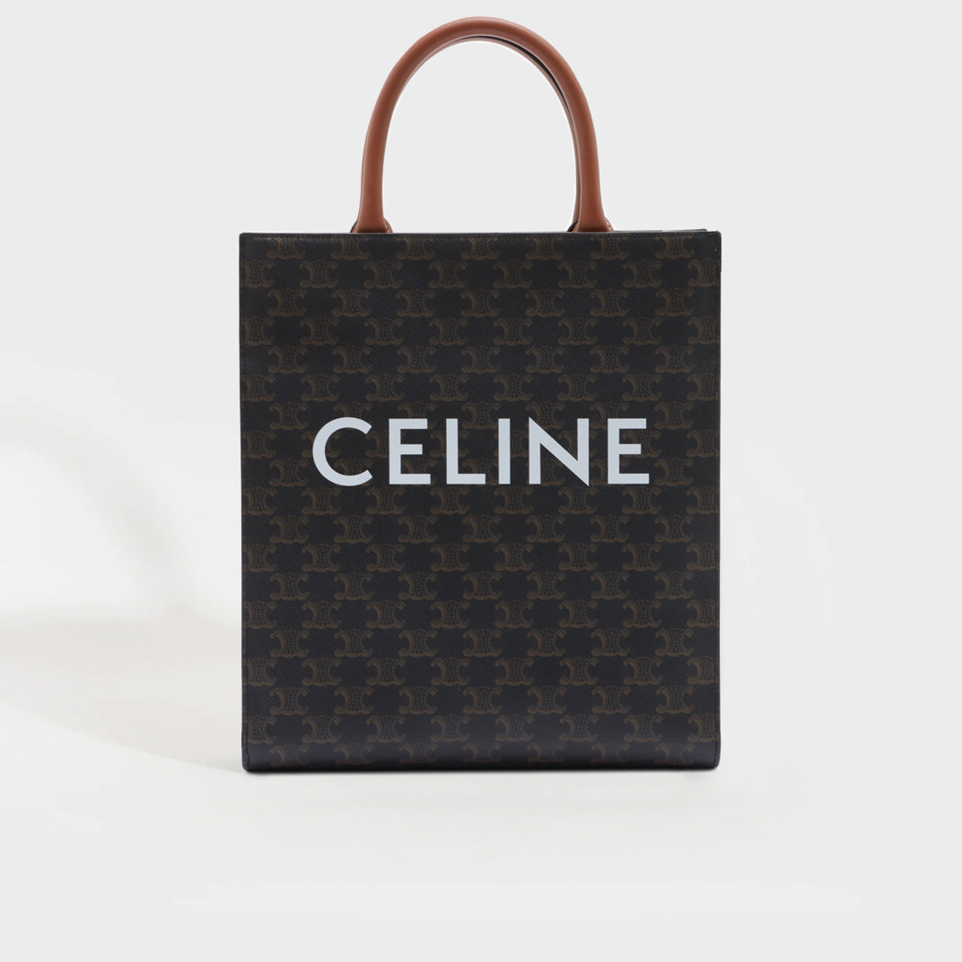 Front view of the CELINE Small Triomphe Cabas Vertical in Canvas and Calfskin Leather