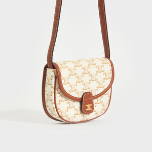 CELINE Triomphe Buzas Canvas Crossbody Bag in White & Tan