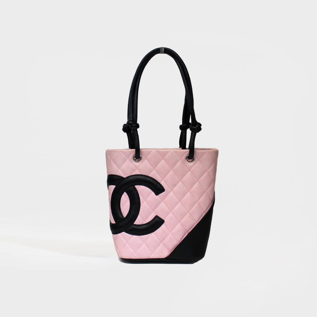 CHANEL Cambon Ligne Diamond Quilted Tote Bag in Pink with Black 2004 - 2005