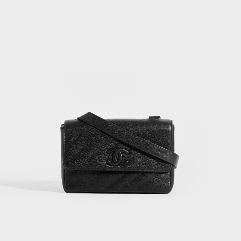 Vintage Chanel CC Logo Black Caviar Chain Shoulder Tote Bag