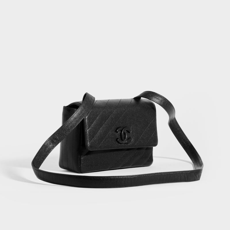 Chanel Vintage Black Quilted Caviar Leather Shoulder Bag with