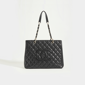CHANEL Vintage Shopping Tote in Black Caviar Leather with Silver Hardware - Front View