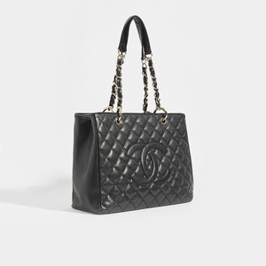 CHANEL Vintage Shopping Tote in Black Caviar Leather with Silver Hardware - Side View