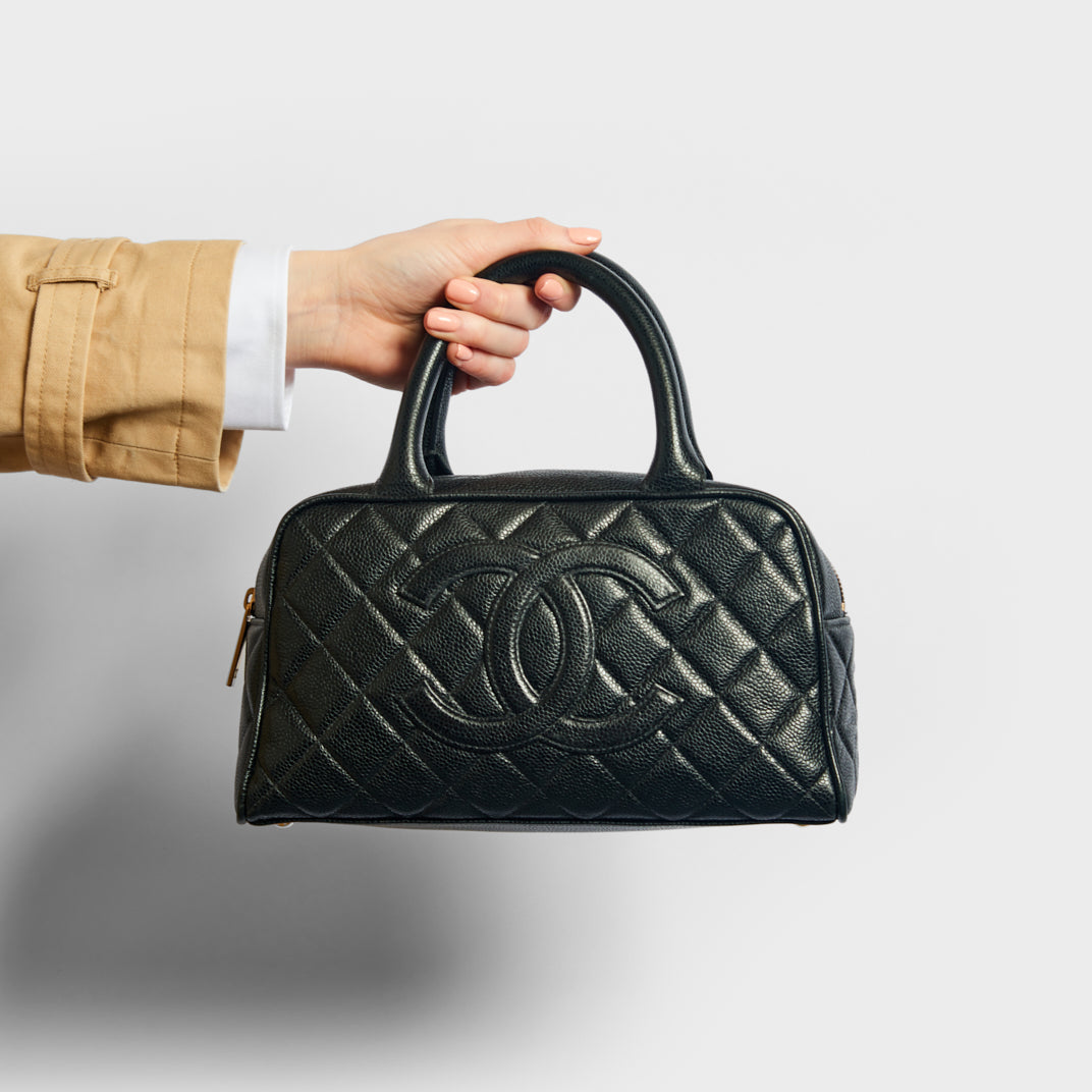 CHANEL Vintage CC Quilted Caviar Bowling Bag