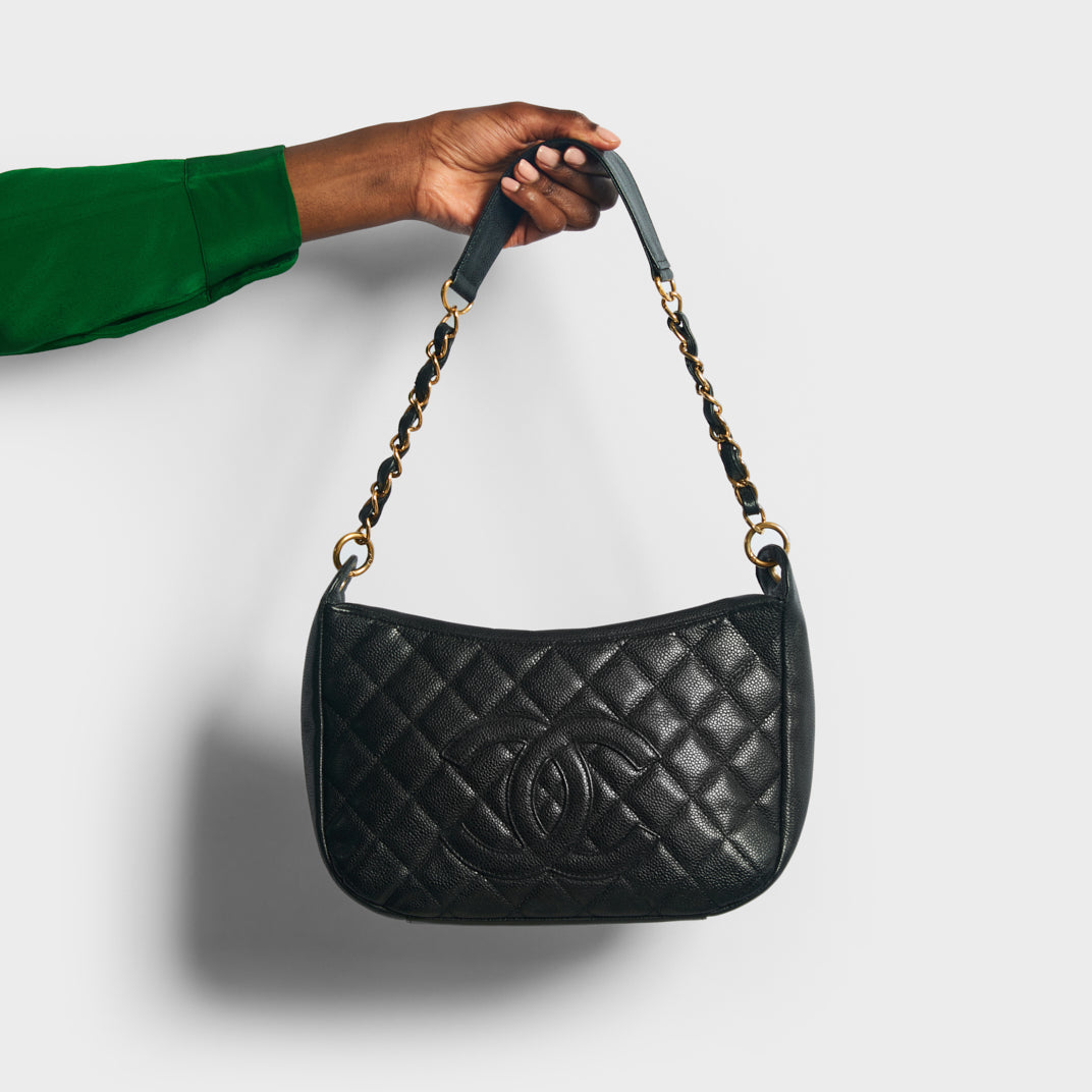 Chanel Hobo Handbag in Black Grained Leather