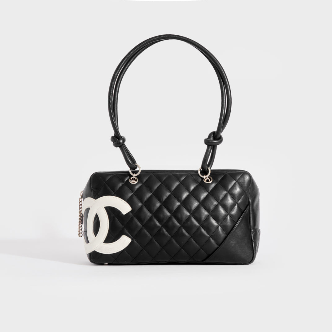  Auth Chanel Cambon Medium Bowling Bag Calfskin White CC Logo Black