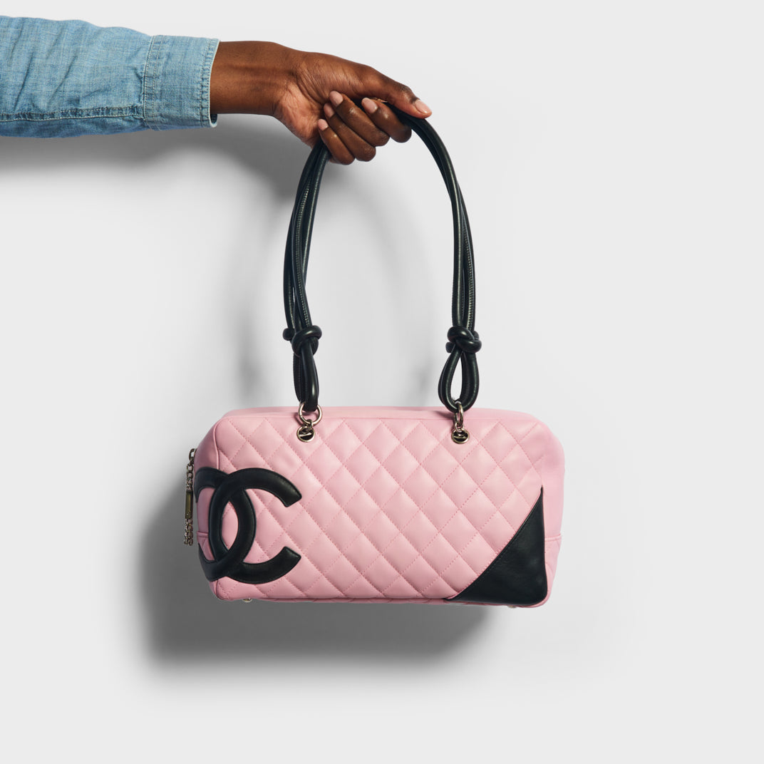 CHANEL Calfskin Quilted Large Cambon Tote Pink Black 83933