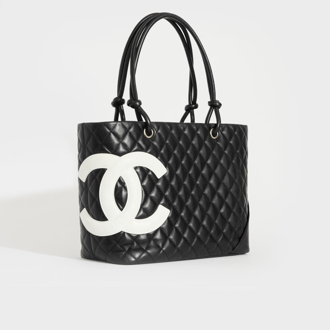 CHANEL Cambon Ligne Diamond Quilted Tote Bag in Black with White CC 2005-2006