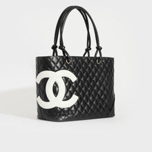 Load image into Gallery viewer, CHANEL Cambon Ligne Diamond Quilted Tote Bag in Black with White CC 2005-2006