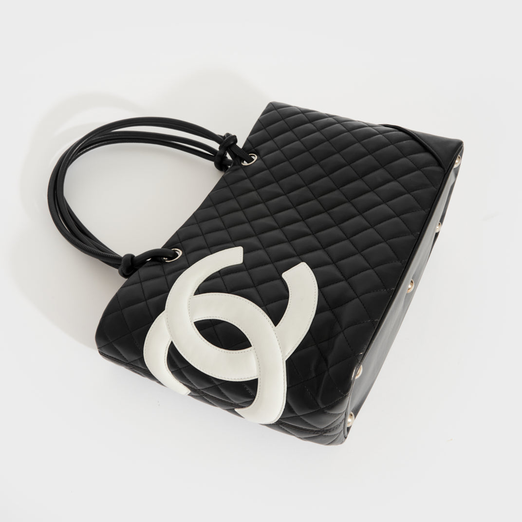 CHANEL Cambon Ligne Diamond Quilted Tote Bag in Black with White CC 2005-2006