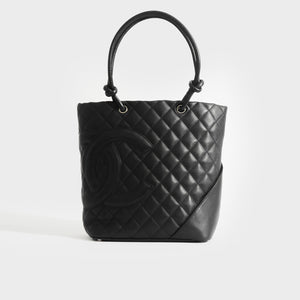 Front view of Chanel cambon ligne diamond quilted tote back in black made of leather from 2003-2004