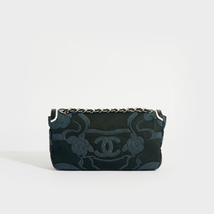 CHANEL Camelia Canvas Single Flap Double Chain Bag in Black with White Leather Trim 2008 - 2009