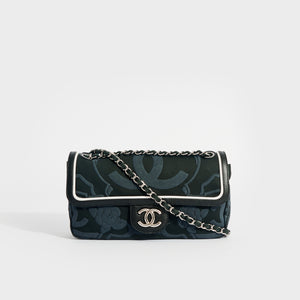 CHANEL Camelia Canvas Single Flap Double Chain Bag in Black with White Leather Trim 2008 - 2009
