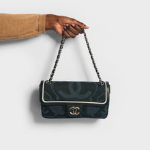 Load image into Gallery viewer, CHANEL Camelia Canvas Single Flap Double Chain Bag in Black with White Leather Trim 2008 - 2009