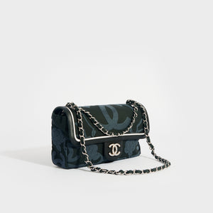 CHANEL Camelia Canvas Single Flap Double Chain Bag in Black with White Leather Trim 2008 - 2009