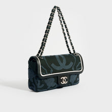 Load image into Gallery viewer, CHANEL Camelia Canvas Single Flap Double Chain Bag in Black with White Leather Trim 2008 - 2009